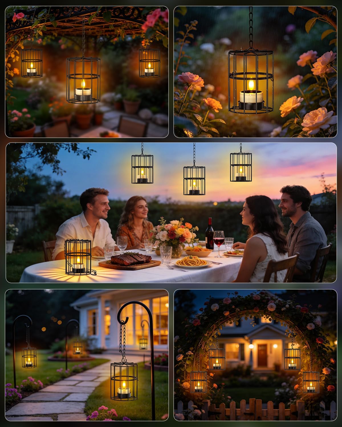 Yme Solar Hanging Lanterns Outdoor Waterproof, Long Lasting Solar Tea Light | 2 Large 2 Small Hanging Candle Holders, Flickering Flameless LED Solar Tealights, Outdoor Decor for Tree Patio Garden Pergola
