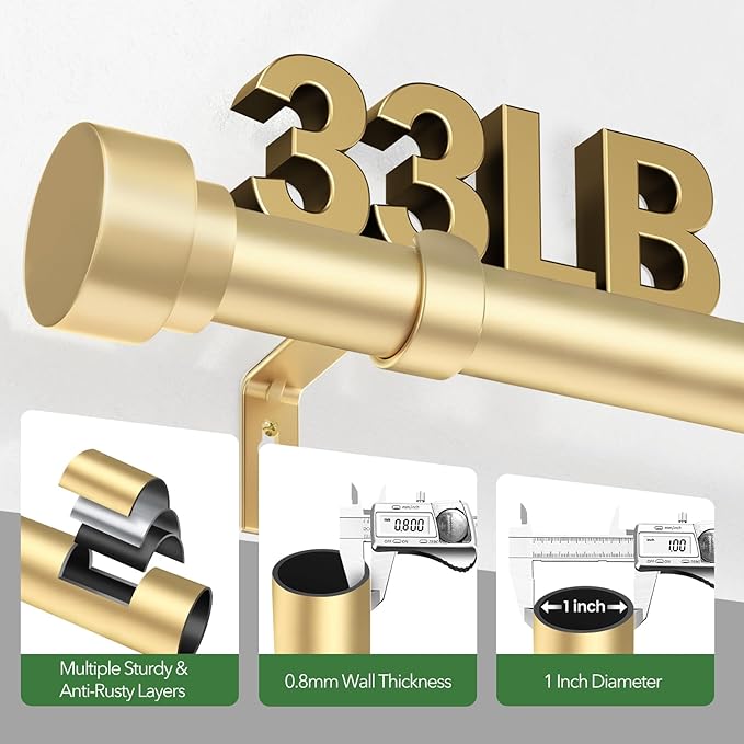 Time Forest Gold Curtain Rods for Windows 32 to 120 Inch (2.6-10 Feet), 1 Inch Diameter Adjustable Heavy Duty Extra Long Curtain Rod, Modern Style Indoor Outdoor Window Drapery Rods with End Caps