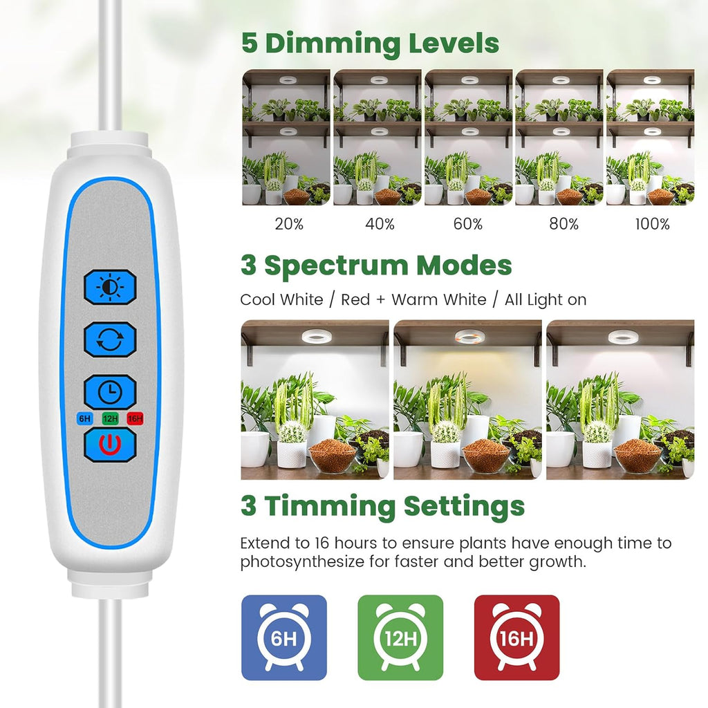 Kullsinss 3.5" Grow Lights for Indoor Plants, 24W Full Spectrum Plant Light | 4-Head Plant Grow Lamp with 6/12/16H Auto Timer, 5 Brightness Levels, DC Adapter, Ideal for Under Cabinets, Plants Shelves