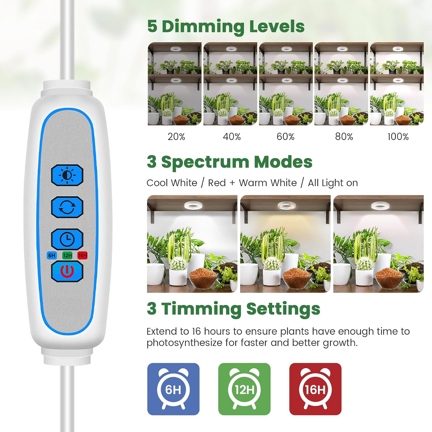 Kullsinss 3.5" Grow Lights for Indoor Plants, 24W Full Spectrum Plant Light | 4-Head Plant Grow Lamp with 6/12/16H Auto Timer, 5 Brightness Levels, DC Adapter, Ideal for Under Cabinets, Plants Shelves