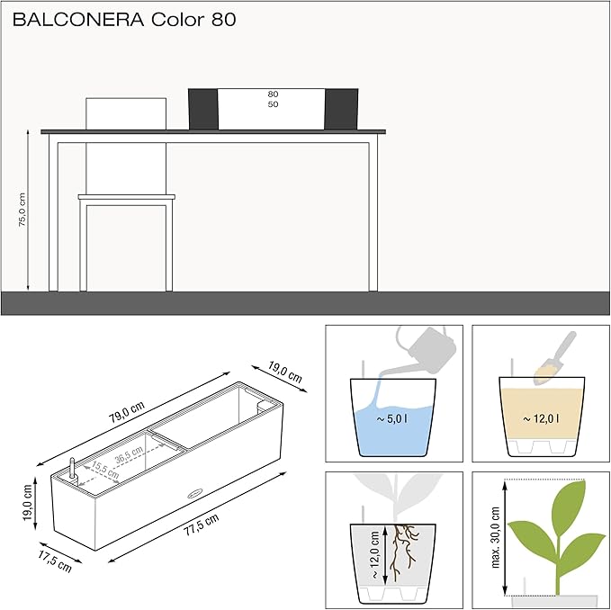Lechuza 15680 Balconera Color 80 Self-Watering Planter for Indoor and Outdoor Use, 31" x 7" x7", White Matte