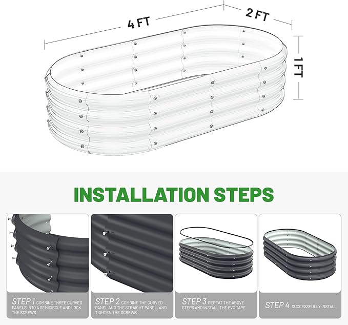Galvanized Metal Raised Garden Bed Kit for Lightweight Planter Boxes Outdoor with Easy Assembly,4x2x1ft Oval Large Galvanized Gardening Raised Bed for Vegetables, Fruits, Flower,Black