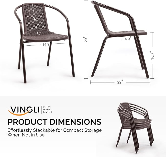 VINGLI PE Rattan Outdoor Dining Chairs Set of 4, Plastic Stackable Patio Chairs for Indoor, Porch, Restaurant, Garden, Brown