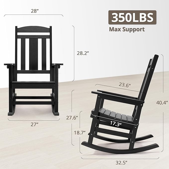 LUE BONA Outdoor Rocking Chairs Set, 3-Piece, HDPS Poly Porch Rockers with Table, Plastic Weather Resistant Rocking Chair Set for Outdoor Indoor, Garden, Backyard, 350lb, Black Chairs+Table