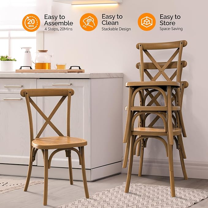 VINGLI Plastic Outdoor Dining Chairs Set of 2, Stackable Patio Dining Chairs with X Back, Waterproof Kitchen & Dining Room Chairs for Indoor-Outdoor, Capacity 400 lbs, Farmhouse Brown
