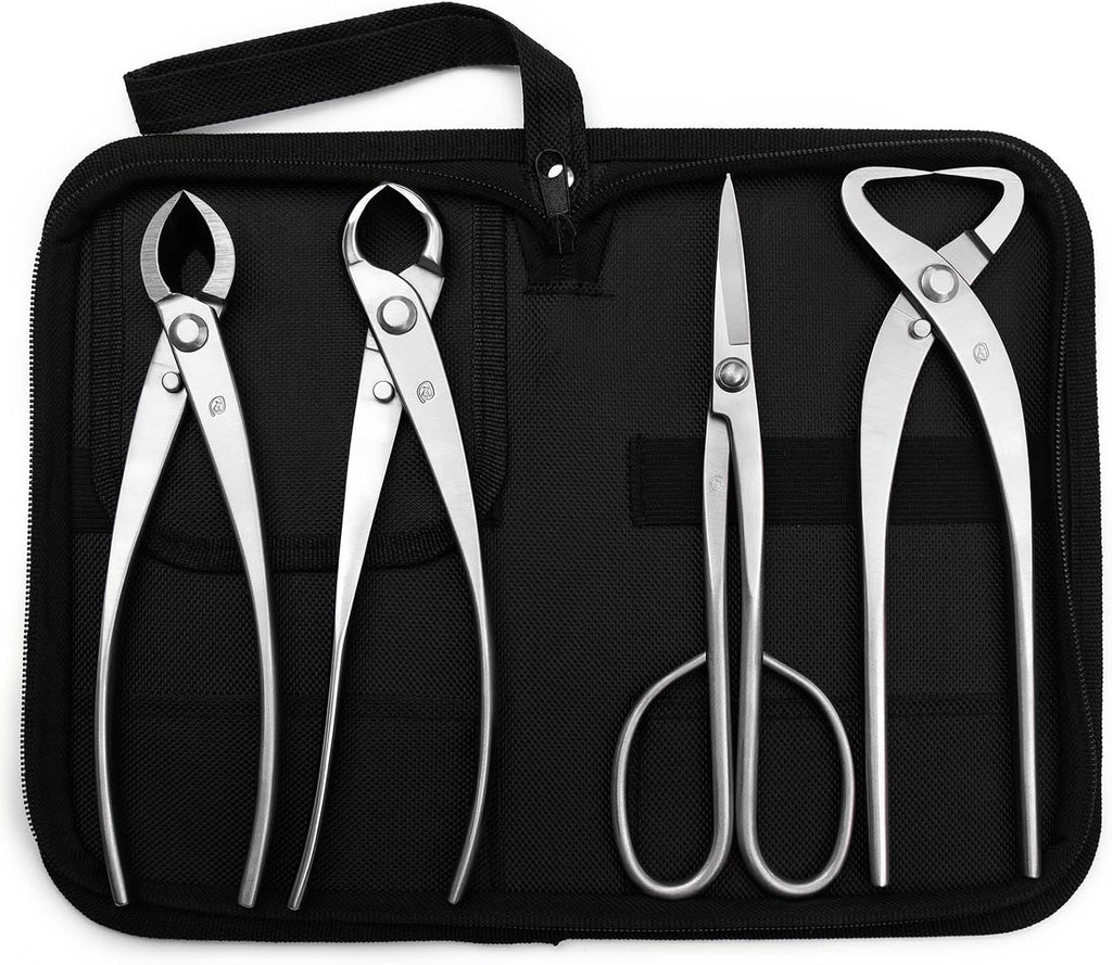 4-PCS Bonsai Tool Set Including Concave Cutter Straight Edge Cutter Trunk Splitter And Bonsai Scissors Equip With Tool Bag