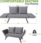 Greesum Outdoor Sofa, Woven Rattan Patio Furniture, Convertible Daybed or Double Chair with Adjustable Armrests, Cushions and Pillows for Yard, Porch, Pool, Gray Lounger & Blue Pillowcase