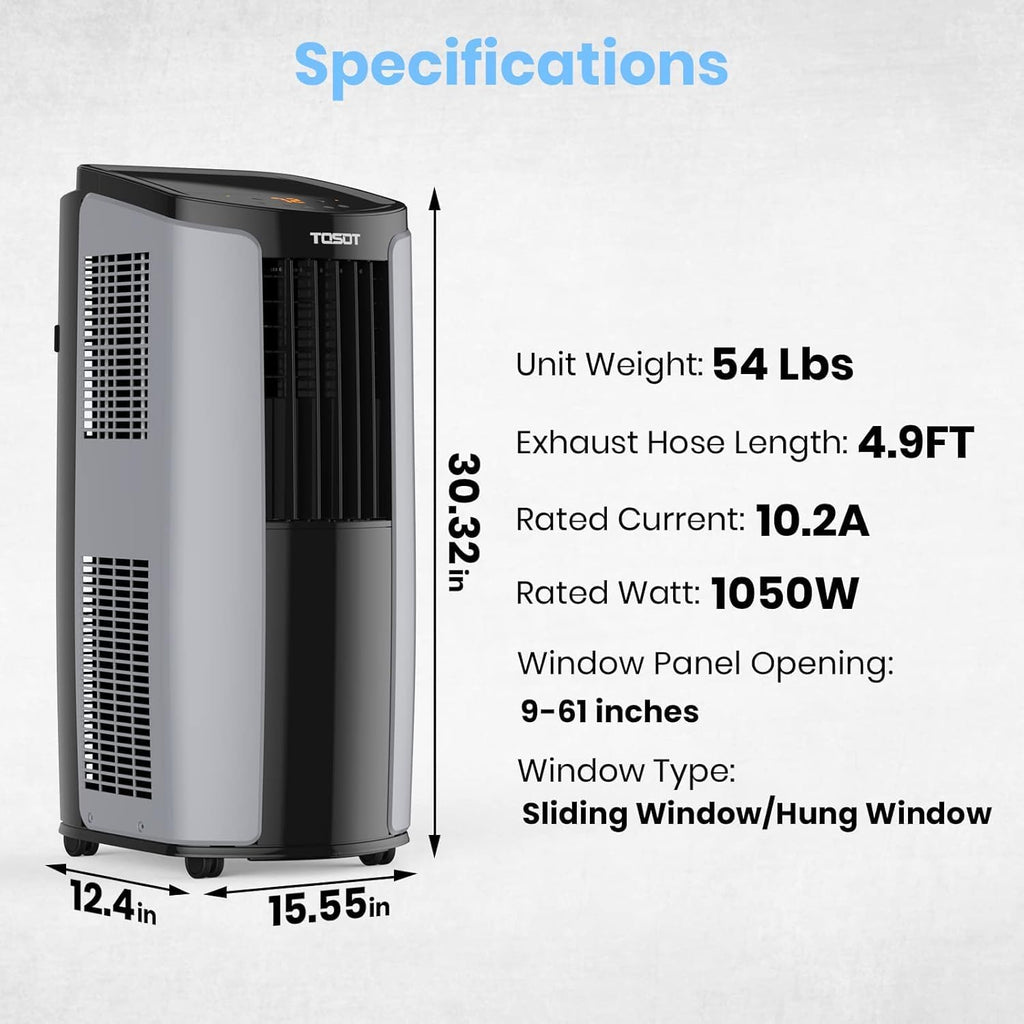 tosot 9,700btu (5,000 btu sacc) portable air conditioner showing dimensions