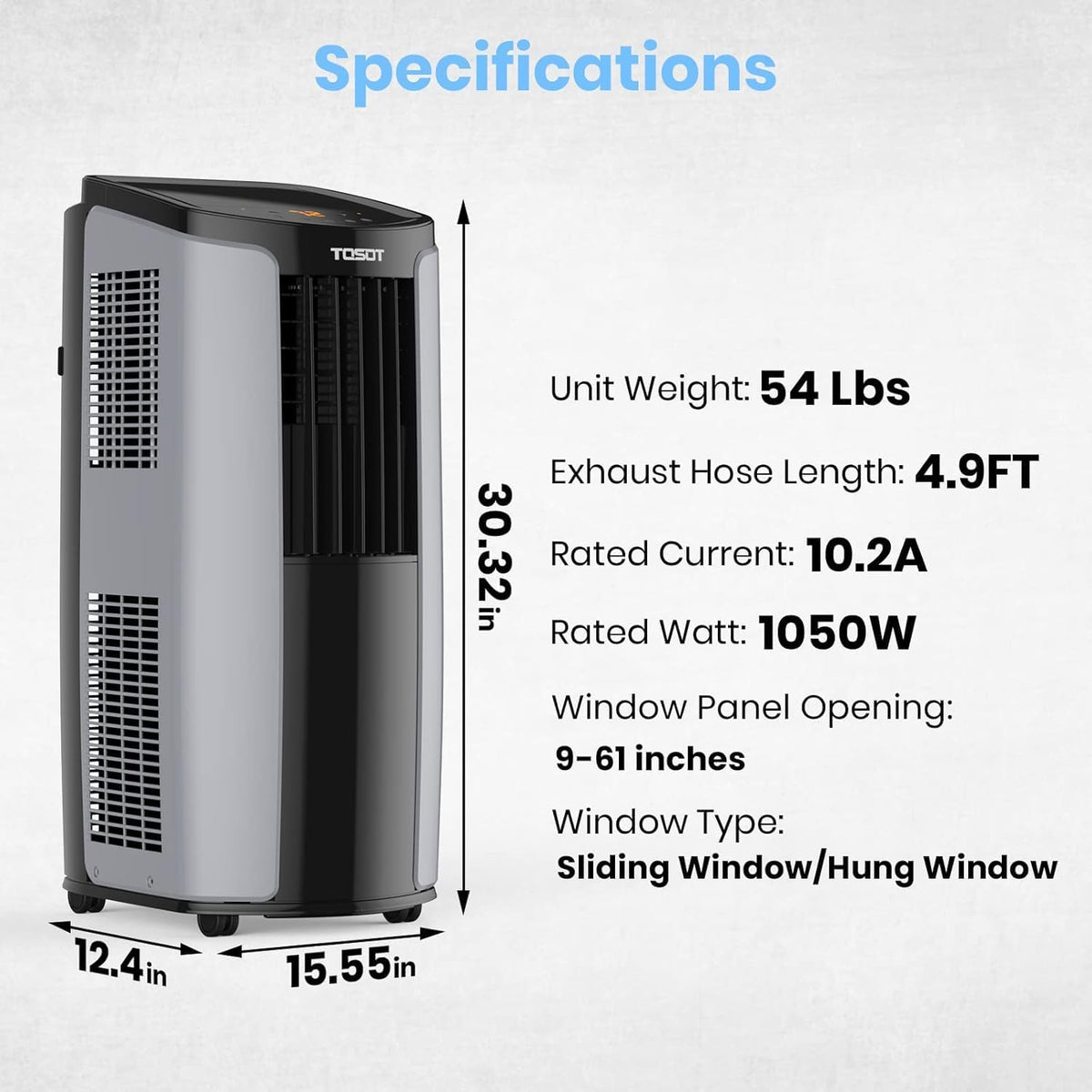 tosot 9,700btu (5,000 btu sacc) portable air conditioner showing dimensions