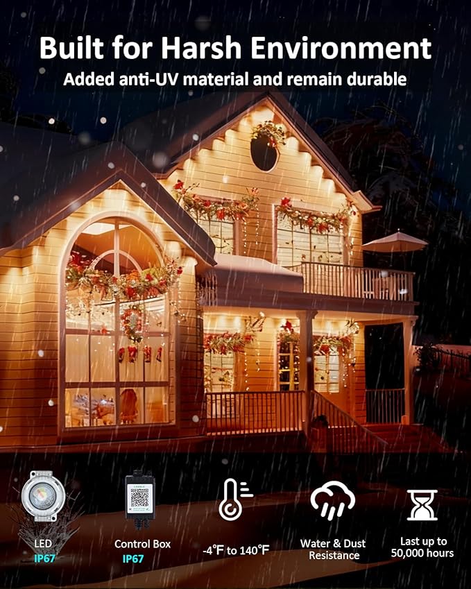 20FT Permanent Outdoor Lights, RGB LED Eaves Lights with IP67 Waterproof, Smart App Remote Control, Music Sync, for Christmas, Party, All Holiday Decorations