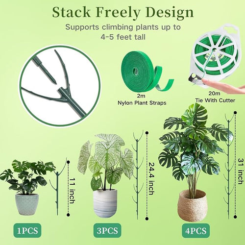 5 Pack Stackable Plant Support Stakes, 38inch Climbing Plant Sticks Structures for Monstera with Garden Ties, Durable Alternative to Moss Pole for Indoor Outdoor Plants