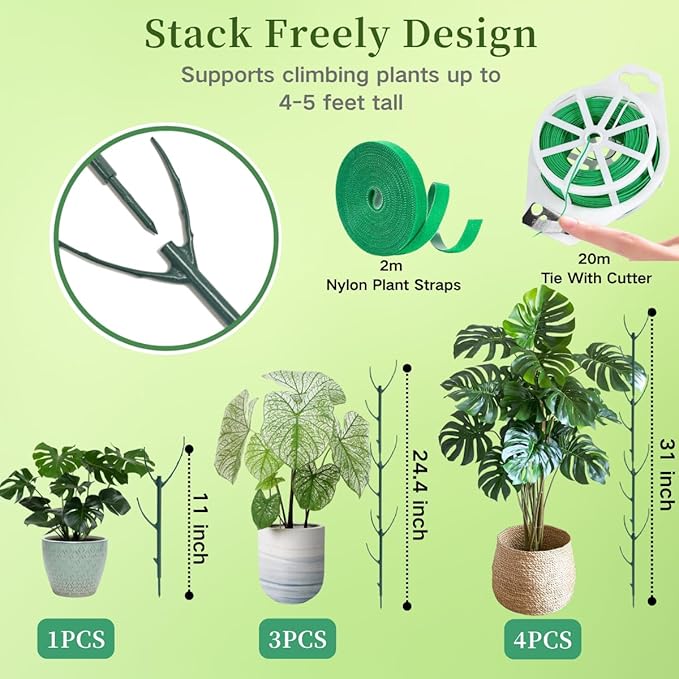 10 Pack Stackable Plant Support Stakes, 75inch Climbing Plant Sticks Structures for Monstera with Garden Ties, Durable Alternative to Moss Pole for Indoor Outdoor Plants