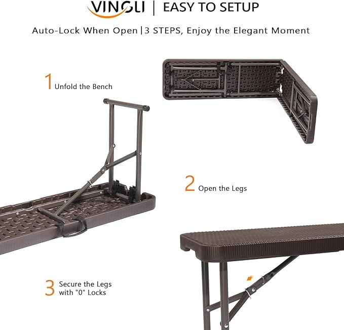 VINGLI 6 feet Plastic Folding Bench,Portable in/Outdoor Picnic Party Camping Dining Seat, Garden Soccer Multipurpose Entertaining Activities, Rattan Patterned HDPE Tabletop, 1 Pack, Brown