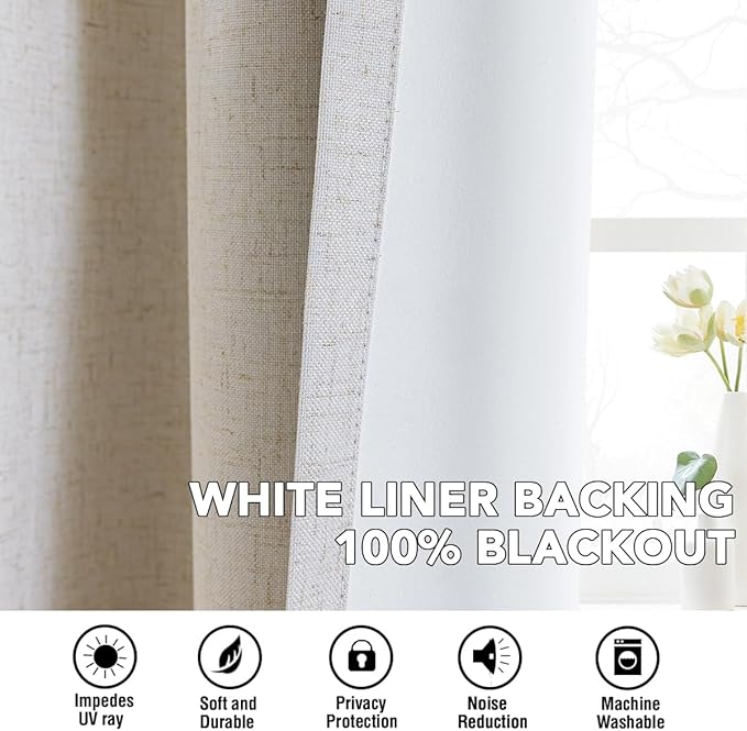 H.VERSAILTEX Linen Curtains 100% Blackout Curtains for Bedroom 54 inch Long Full Light Blocking Nature Linen Blended Window Curtains for Living Room Nickel Grommet (2 Panels, Heathered Natural)