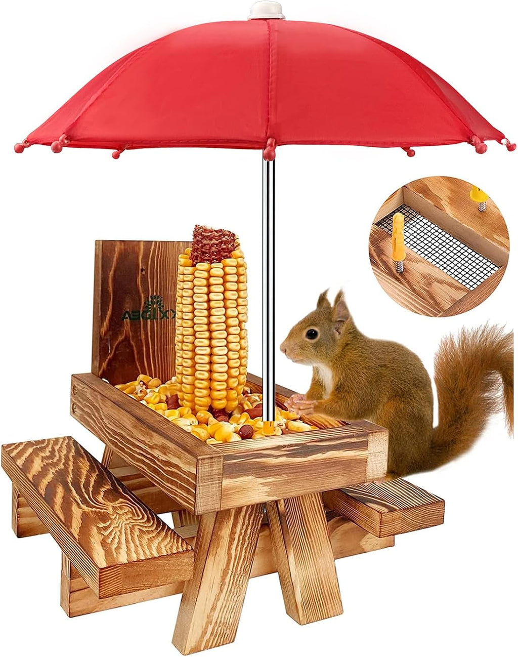 Squirrel Feeder Picnic Table with Tall Umbrella, Wooden Squirrel Feeders for Outside, Cute Chipmunk Feeder with Corn Cob Holder, Solid Structure, Thick Wood (Rustic Brown with Red Umbrella)