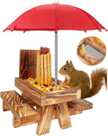Squirrel Feeder Picnic Table with Tall Umbrella, Wooden Squirrel Feeders for Outside, Cute Chipmunk Feeder with Corn Cob Holder, Solid Structure, Thick Wood (Rustic Brown with Red Umbrella)