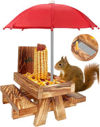 Squirrel Feeder Picnic Table with Tall Umbrella, Wooden Squirrel Feeders for Outside, Cute Chipmunk Feeder with Corn Cob Holder, Solid Structure, Thick Wood (Rustic Brown with Red Umbrella)