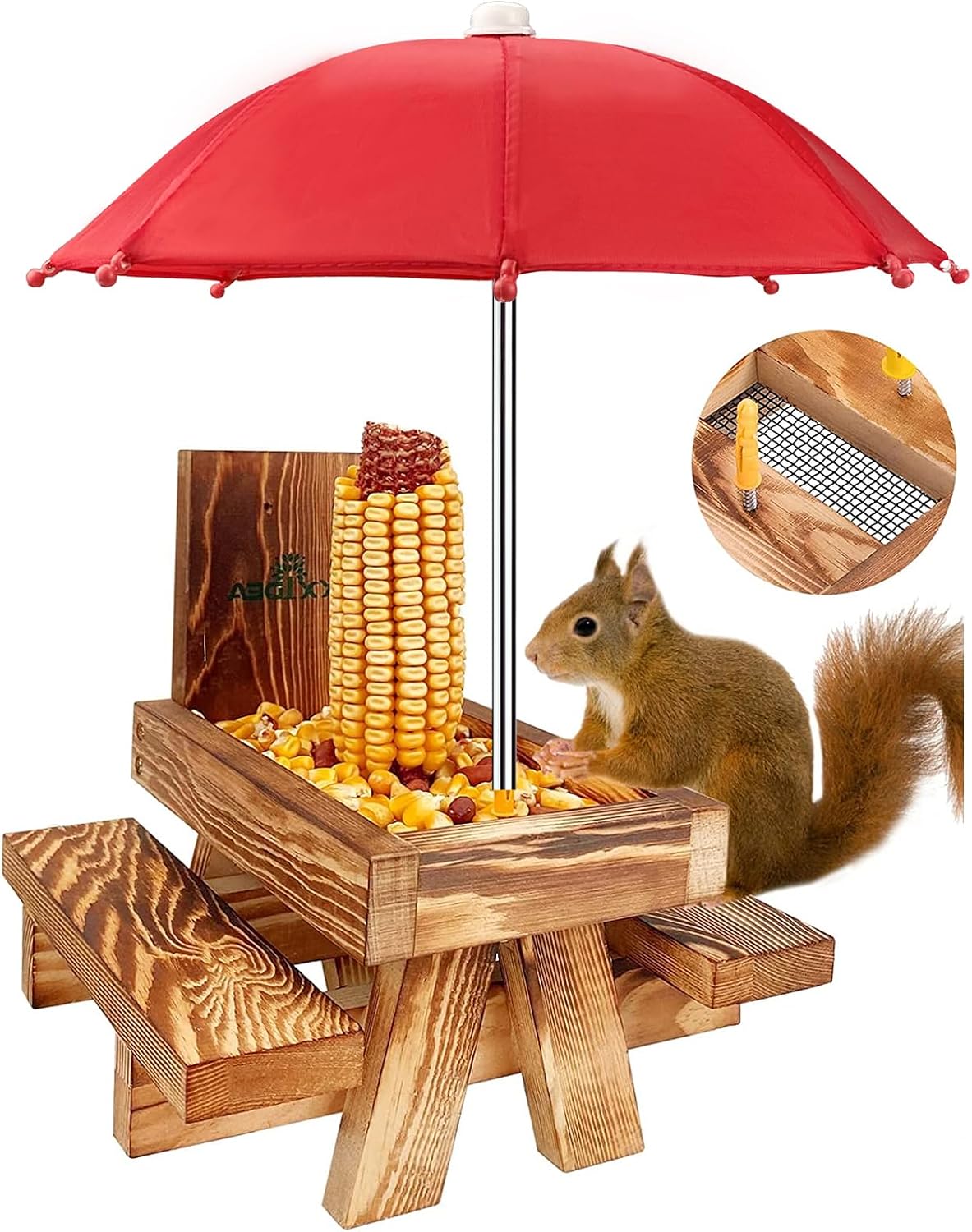 Squirrel Feeder Picnic Table with Tall Umbrella, Wooden Squirrel Feeders for Outside, Cute Chipmunk Feeder with Corn Cob Holder, Solid Structure, Thick Wood (Rustic Brown with Red Umbrella)