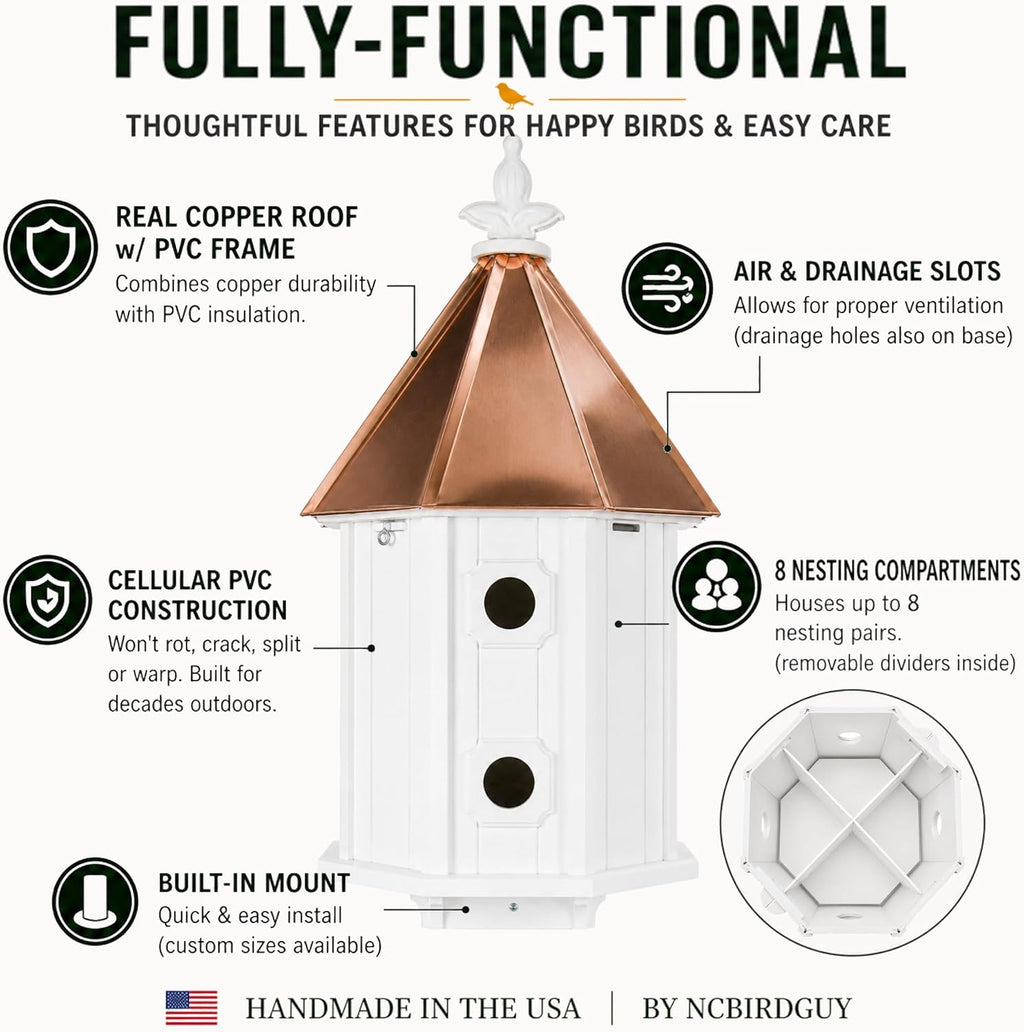 Two-Story 8 Compartment Songbird Weather-Resistant Birdhouse with Copper Roof, Made in The USA (H14C) (4" x 4" Mount)