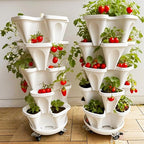 7 Tiered Strawberry Planters 2 Pack, Vertical Stackable Planter, Herb Stacking Tower Garden, Flower and Vegetable Planters with Support Pole Indoor & Outdoor with Removable Wheels - White