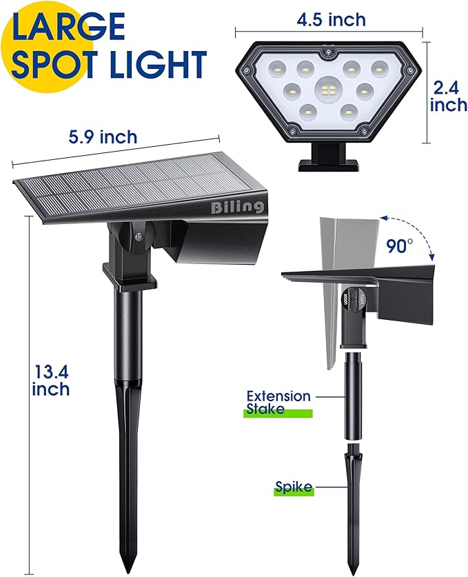Biling Solar Spot Lights - 2-in-1 Outdoor Landscape Lights, 12 LED Bulbs - Solar Powered, IP67 Waterproof & Adjustable for Patio, Pathway, Yard, Garden, Driveway & Pool