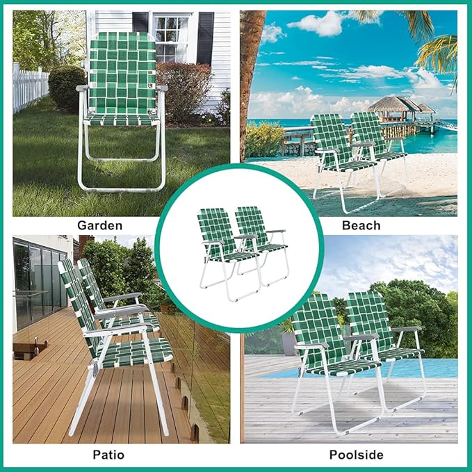 VINGLI Patio Lawn Webbed Folding Chairs Set of 4, Outdoor Beach Chair Portable Dining Chair for Outdoor Yard, Garden (Dark Green, Classic)
