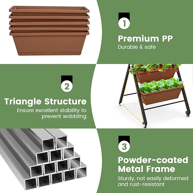 Giantex 2 Pcs Vertical Planter Raised Bed on Wheels, Elevated Garden Beds with Water Drainage Hole, Freestanding 5 Container Boxes for Herb Vegetables Flowers Growing, Outdoor Indoor Patio Balcony
