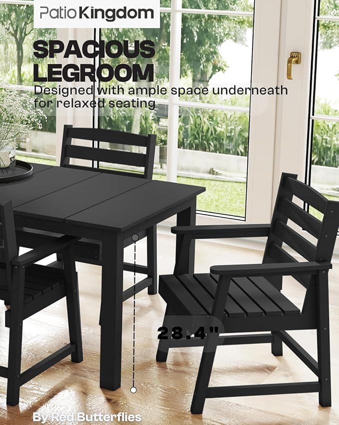 5-Piece Black Outdoor Dining Set with White 15FT Large Patio Umbrella, 75.2'' HDPE Table & Chairs for 8, Weather-Resistant Furniture with Umbrella Hole for Patio, Lawn, Poolside