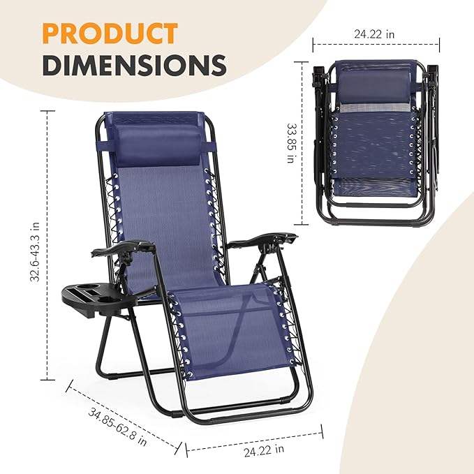 NEWBULIG Zero Gravity Chair Set of 2, Lounge Chair Folding Portable Adjustable Camping Reclining Chairs with Adjustable Pollow, Mesh Back, Cup Holder Trays Lawn Patio Chair for Pool Beach - Blue