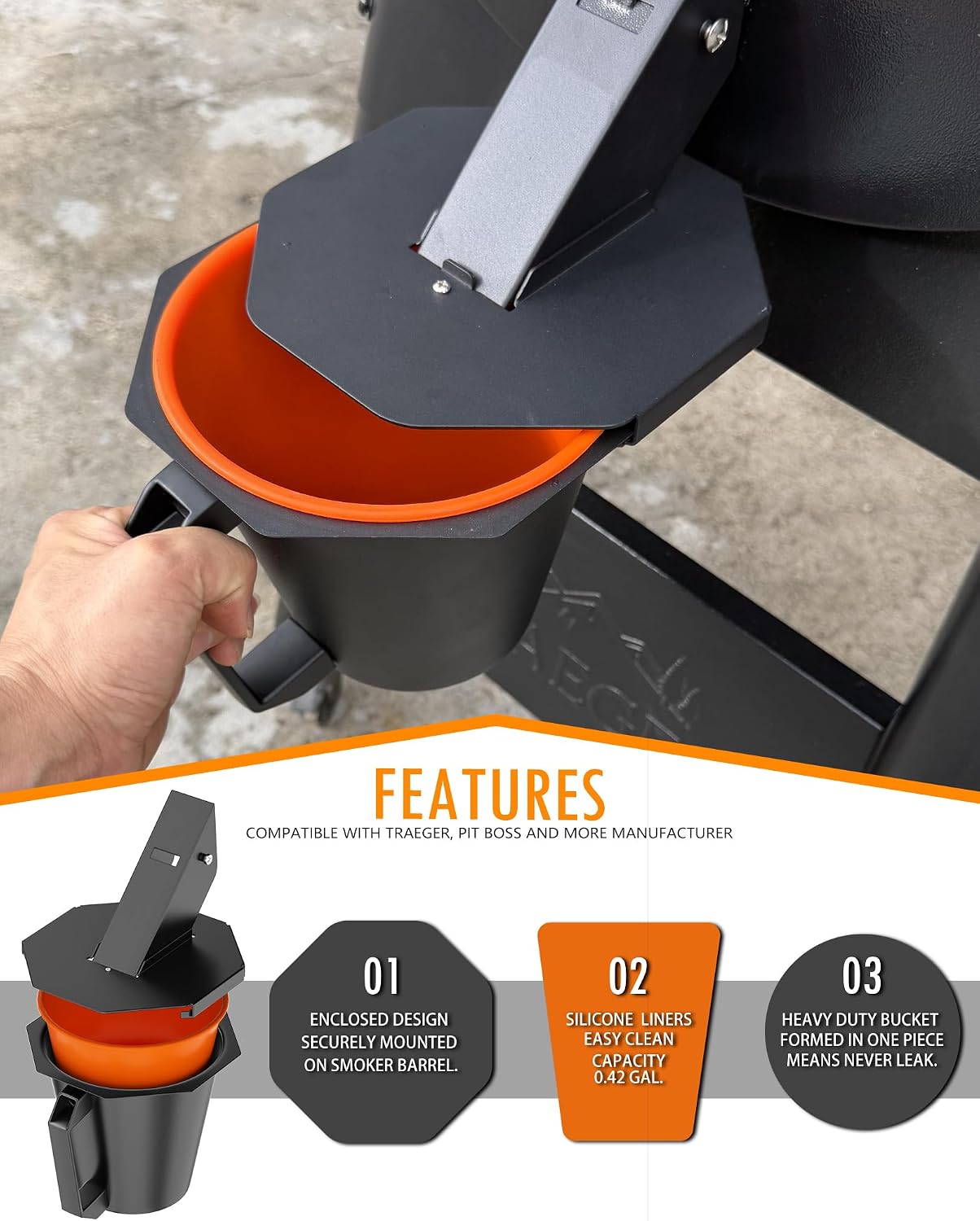 Upgraded Grease Bucket with Lid & Silicone Liner, Drip Bucket for Traeger | Accessories for Traeger, Smoker Drip Bucket for Traeger, Pit Boss, Z Grills, Recteq and More, Grease Bucket for Pellet Grill