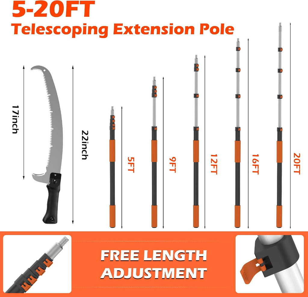 26FT Reach Pole Saws for Tree Trimming, Manual Pole Saw with 5-20FT Telescoping Extension Pole, Pruning Saw with 17" 3X Detachable Saw, Branches Pruner for Garden, Palms & Shrubs Yard Maintenance