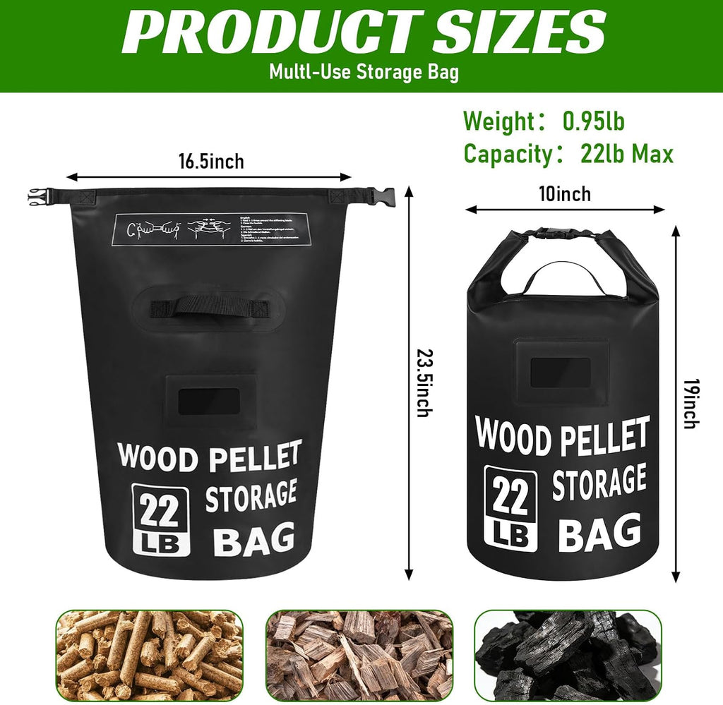 22LB Waterproof Wood Pellet Storage Containers - Dual Handles, Label Pocket | Portable 500D PVC BBQ Smoker Pellet Storage Bag, Stay Dry Grill Pellets Storage Container for Fuel, Charcoal, Wood Chips-1PCS