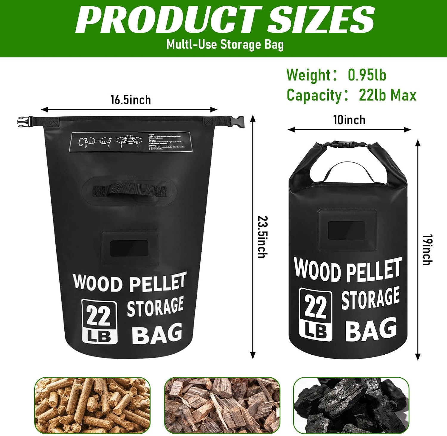22LB Waterproof Wood Pellet Storage Containers - Dual Handles, Label Pocket | Portable 500D PVC BBQ Smoker Pellet Storage Bag, Stay Dry Grill Pellets Storage Container for Fuel, Charcoal, Wood Chips-1PCS