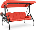 HOMREST 3 Seat Outdoor Porch Swing with Adjustable Canopy, Convertible Patio Swing Bed with Stand, Patio Glider Swing with Upgraded Cup Holder, Thicken Cushions ＆ Pillow for Backyard(Orange)