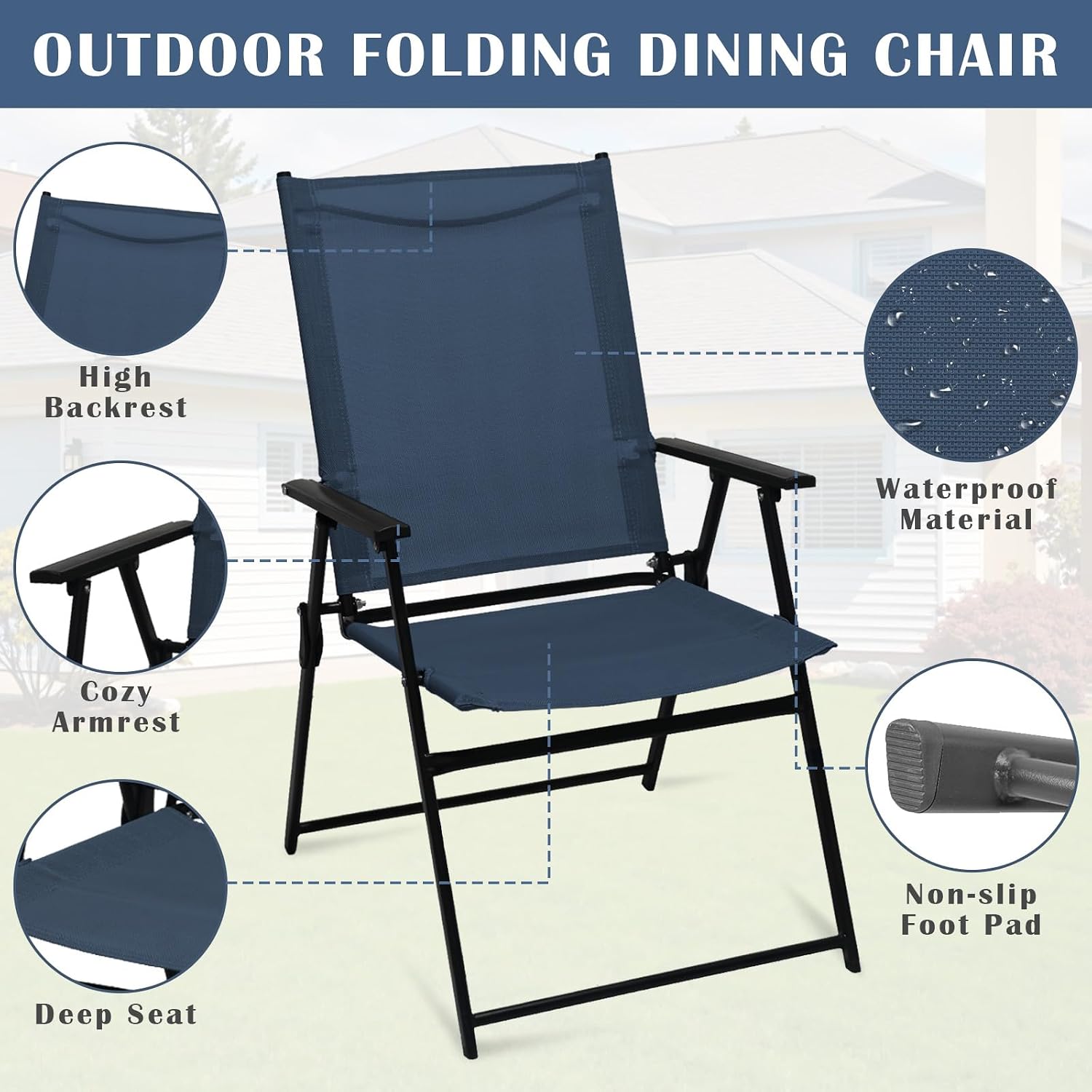 YLGJ&TIDY Folding Patio Chairs Set of 2 Stackable Outdoor Chairs with Armrests Backrest Portable Folding Chair for Patio Garden Camping Fishing Yard Lawn,No Assembly (Blue, 2 Pcs)