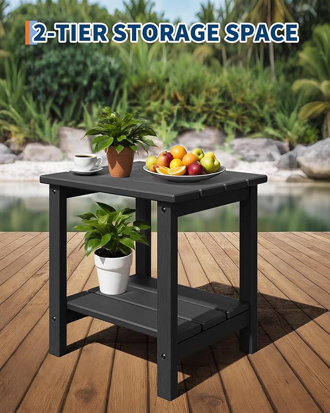 GarveeLife Adirondack Outdoor Side Table 18 x 15 in, HDPE 2-Tier Patio Side Tables for Outside, All-Weather End Table for Patio Pool Deck Indoor Backyard, Black-2Pcs