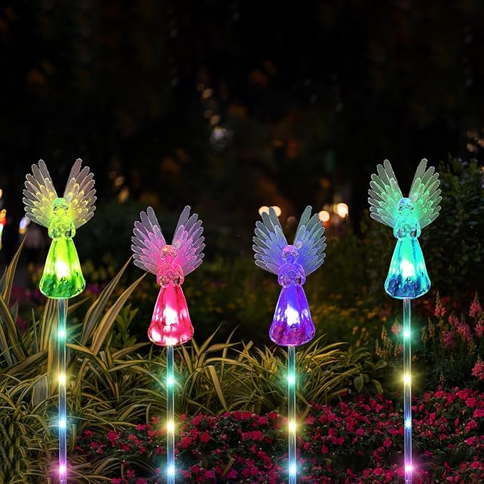 4 Pack Solar Angel Lights Outdoor Decor, Decorative Color Changing Waterproof LED Angel Stake Lights for Cemetery Grave Garden Patio Yard Art Lawn Decoration, Grave Markers, Memorial Gifts