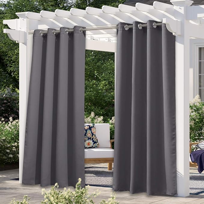 NICETOWN 108" L Outdoor Curtain for Patio Waterproof, Thermal Insulated Stainless Steel Grommet Blackout Outdoor/Indoor Curtain Privacy Protect for Landscape, 1 Panel, 52" Wide, Grey