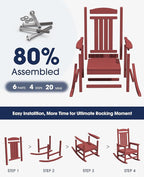 KINGYES Outdoor Rocking Chair, Weather Resistant Patio Rocking Chairs High Back Porch Rocker for Adult, Dark Red