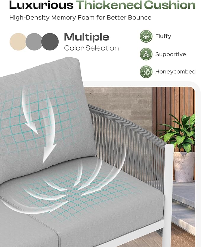 Aluminum Outdoor Patio Furniture Set with Dual-Layer Coffee Table, 5 Piece Modern Patio Conversation Sets with PE Rope, Outdoor Sectional Sofa with Thick Cushions for Balcony, Deck, White