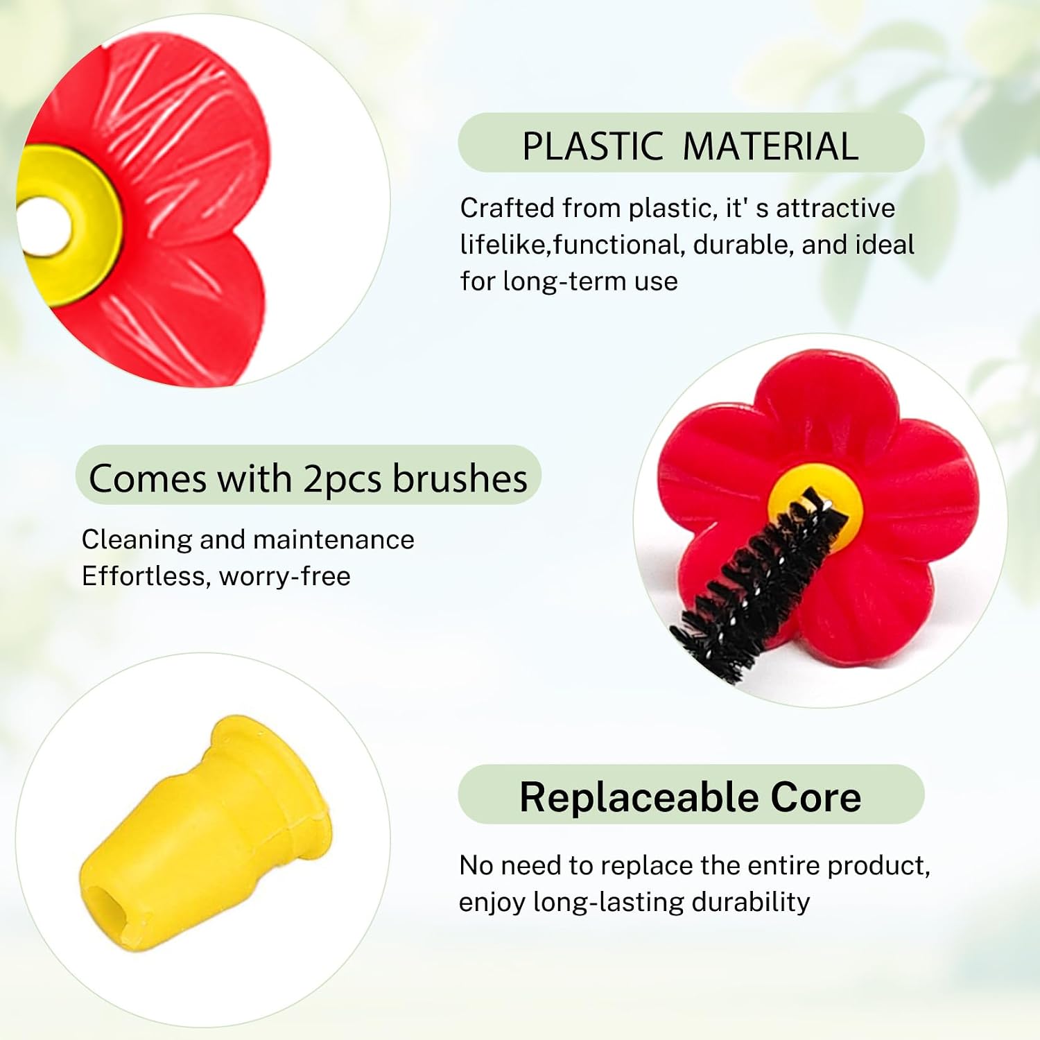 16 Sets Replacement Flowers for Hummingbird Feeder Parts with 2pcs Humming Bird Feeder Brushes for Cleaning, Hummingbird Feeder Replacement Flowers for Outdoor Hanging Bird Feeder Bee Guards Kit