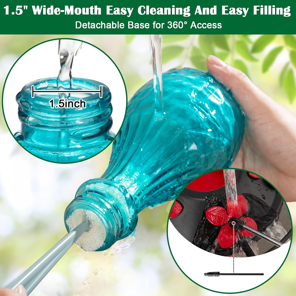 Blown Glass Hummingbird Feeder, Blue, 20 oz | Hand-blown glass hummingbird feeder for outdoor hanging, hot air balloon design, leak-proof seal, ant moat, garden decor