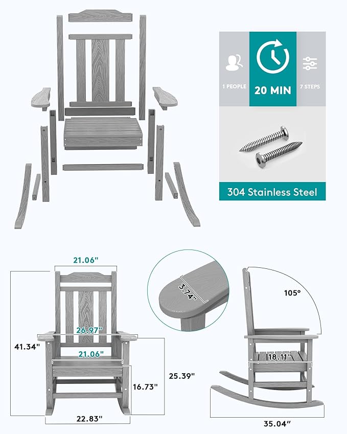 SERWALL Oversized Rocking Chair Set of 2 Outdoor, HDPE Outdoor Rocking Chair Set of 2, Space Gray