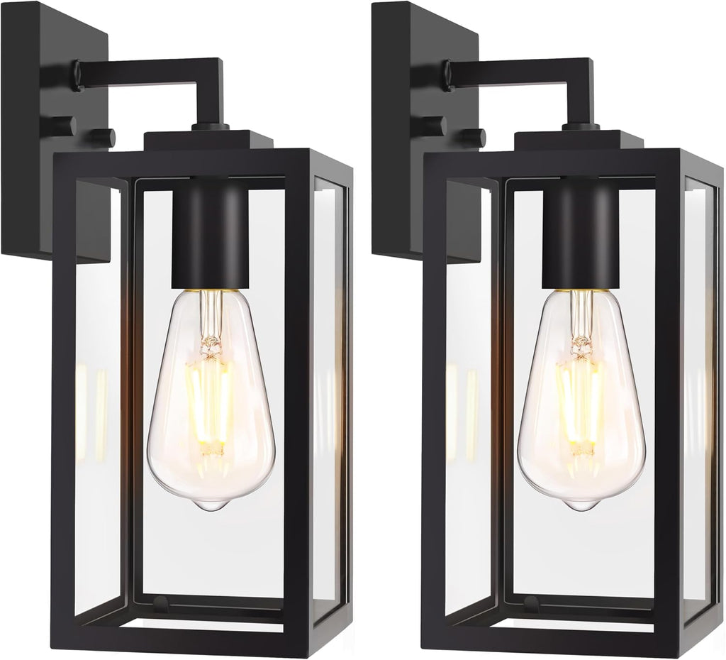 Outdoor Wall Light Fixtures, Exterior Wall Lanterns, Black, 2-Pack, 12 In | Waterproof Outside Wall Sconce for Front Porch, Garage, Patio, Anti-Rust, Tempered Glass, E26(Bulbs Not Included)