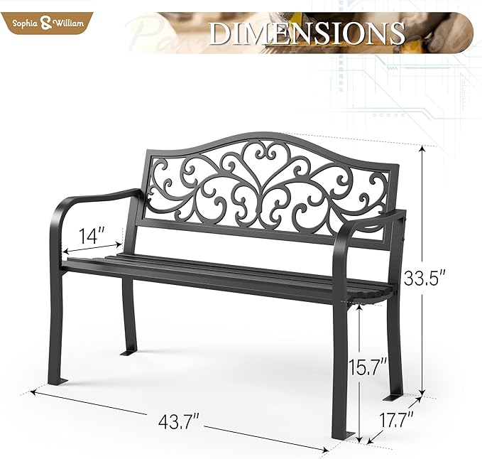 Sophia & William Outdoor Bench, Metal Garden Bench, Cast Iron Park Benches for Outside with Floral Design Backrest, Black