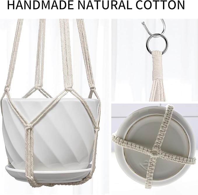 Macrame Plant Hanger, Fits 4-13 Inch Pots, Boho Hanging Plant Holder for Indoor Outdoor, 35 Inch, Set of 3, White (No Flowerpot)