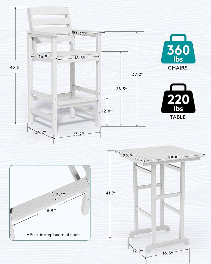 SERWALL 4 Pieces Outdoor Patio Bar Set with 9ft Umbrella, Outdoor HDPE Barstool and Table Furniture Set with Patio Umbrella, White