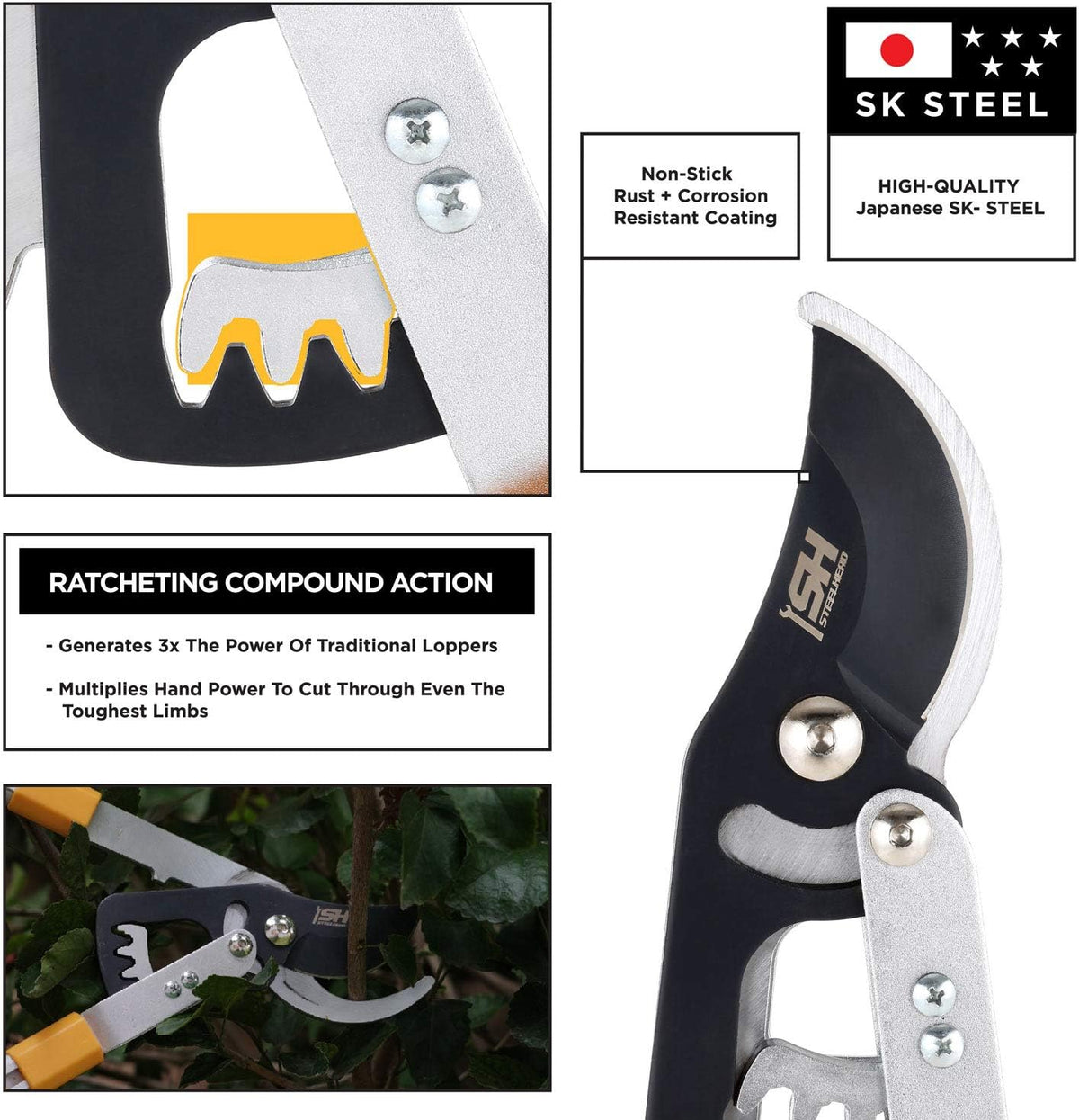 steelhead heavy-duty 27-40" adjustable gear-bypass limb & branch showing dimensions