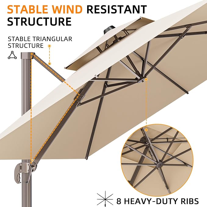 9' X 12' Cantilever Outdoor Patio Umbrellas Double Top Large Rectangle Umbrella Heavy Duty 360°Rotation Offset Umbrella for Garden Deck Pool Patio,Beige