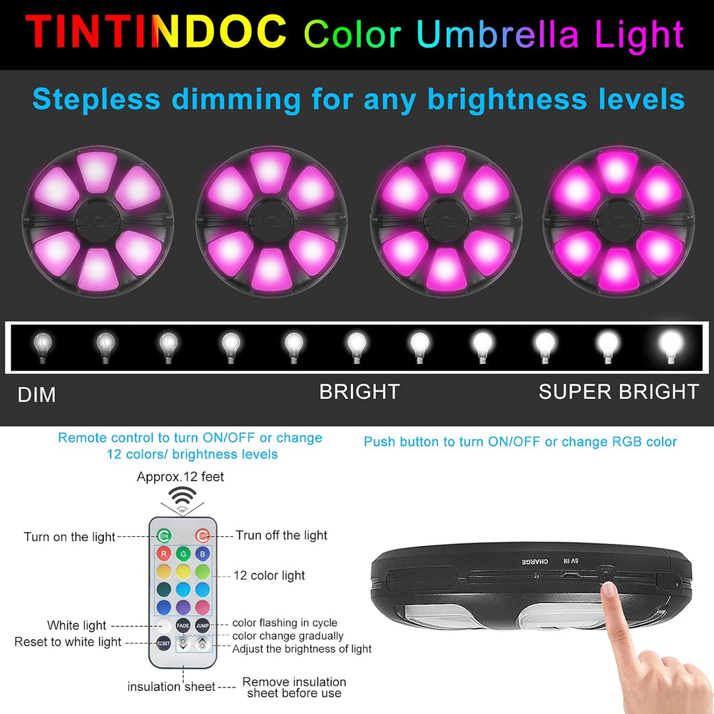 Color Umbrella Light with Remote, Outdoor/Patio Umbrella Light, Rechargeable/AA Battery, Umbrella Pole Light, 300Lumen, Stepless Dimming, for Patio Table